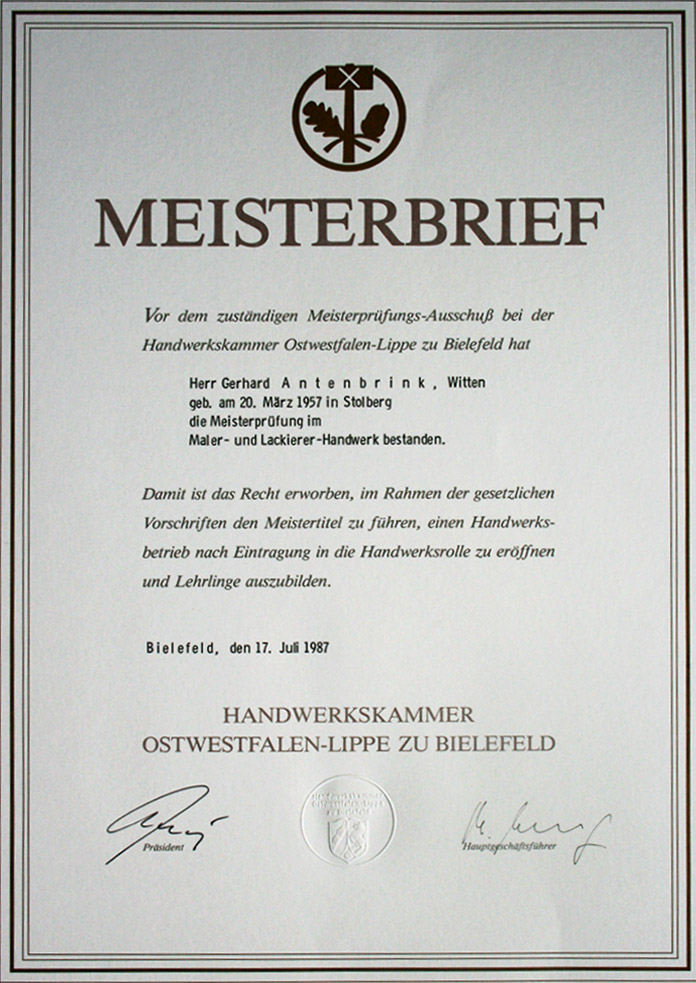 Meisterbrief G. Antenbrink